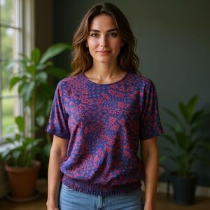 Michael Kors Paisley Blue and Red Short Sleeve Blouse Smocked Hem Women's Size M